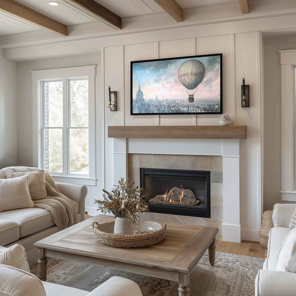 Pastel hot air balloon art on Samsung Frame TV in farmhouse living room with fireplace