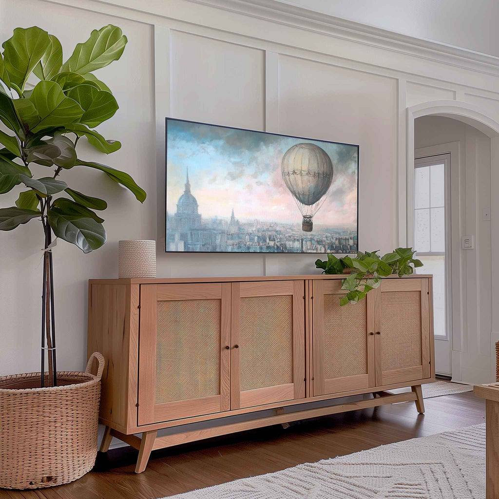 Pastel hot air balloon sketchy Frame TV art in modern living room with plants