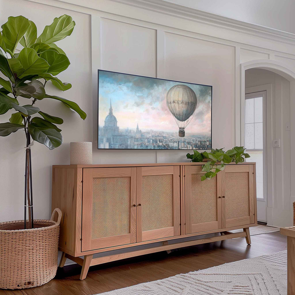 Pastel hot air balloon sketchy Frame TV art in modern living room with plants