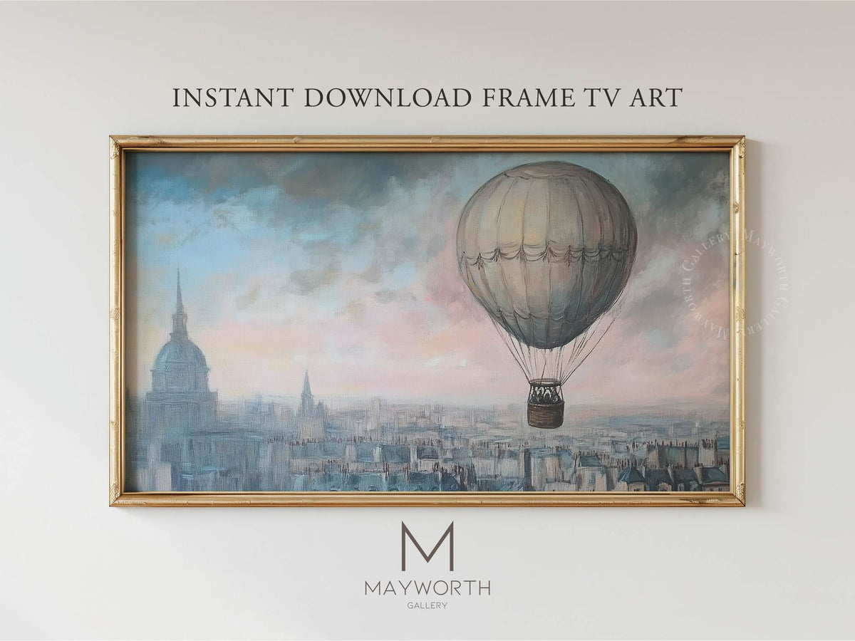 Pastel Hot Air Balloon Sketchy Frame TV art — instant digital download by Mayworth Gallery