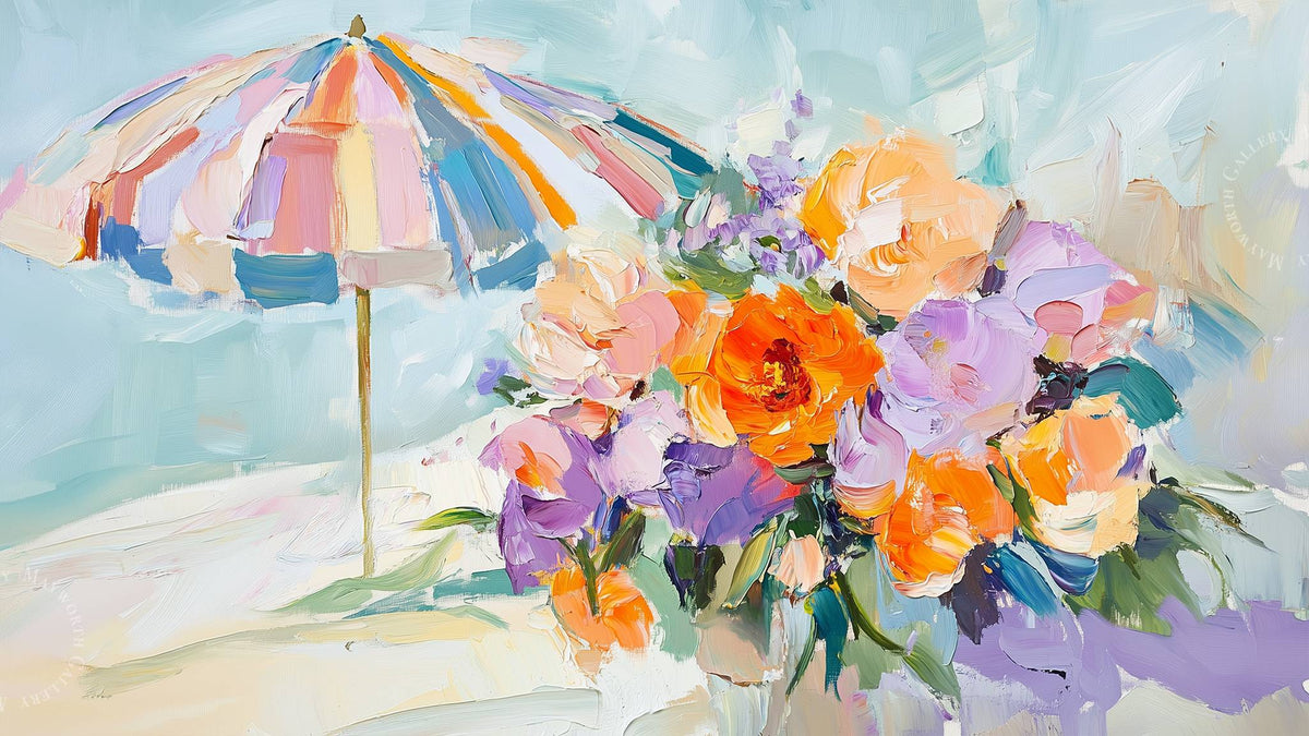 Pastel Beach Umbrella and Flowers art for Samsung Frame TV — warm, gallery-quality digital artwork in Art Mode