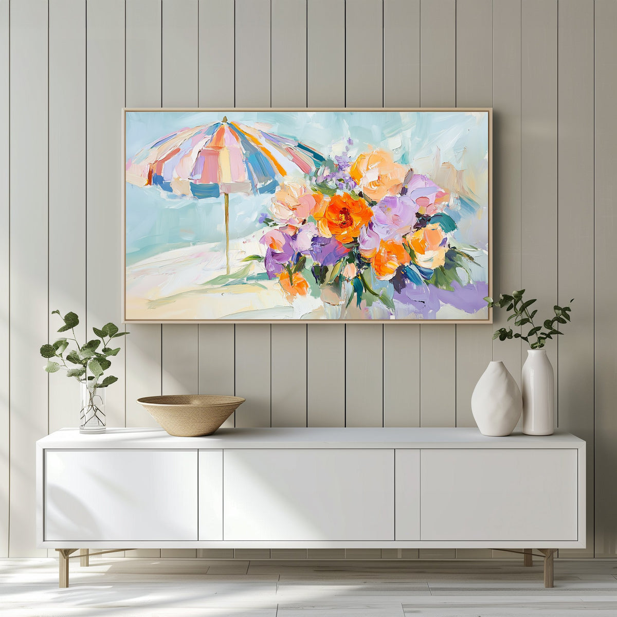 Pastel Beach Umbrella and Flowers displayed on Samsung Frame TV in a bright white minimal living room