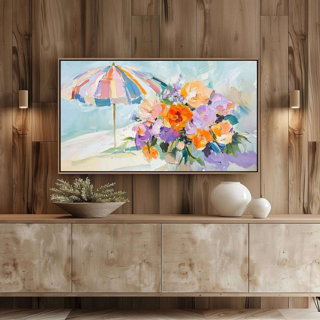 Pastel Beach Umbrella and Flowers Samsung Frame TV art in a warm light wood coastal-style living room