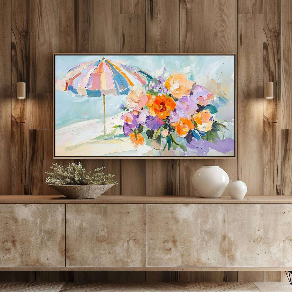 Pastel Beach Umbrella and Flowers Samsung Frame TV art in a warm light wood coastal-style living room