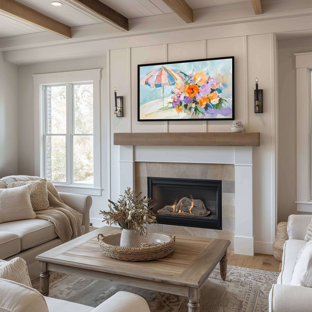 Pastel floral beach art displayed on Samsung Frame TV above fireplace in a cozy farmhouse-style living room