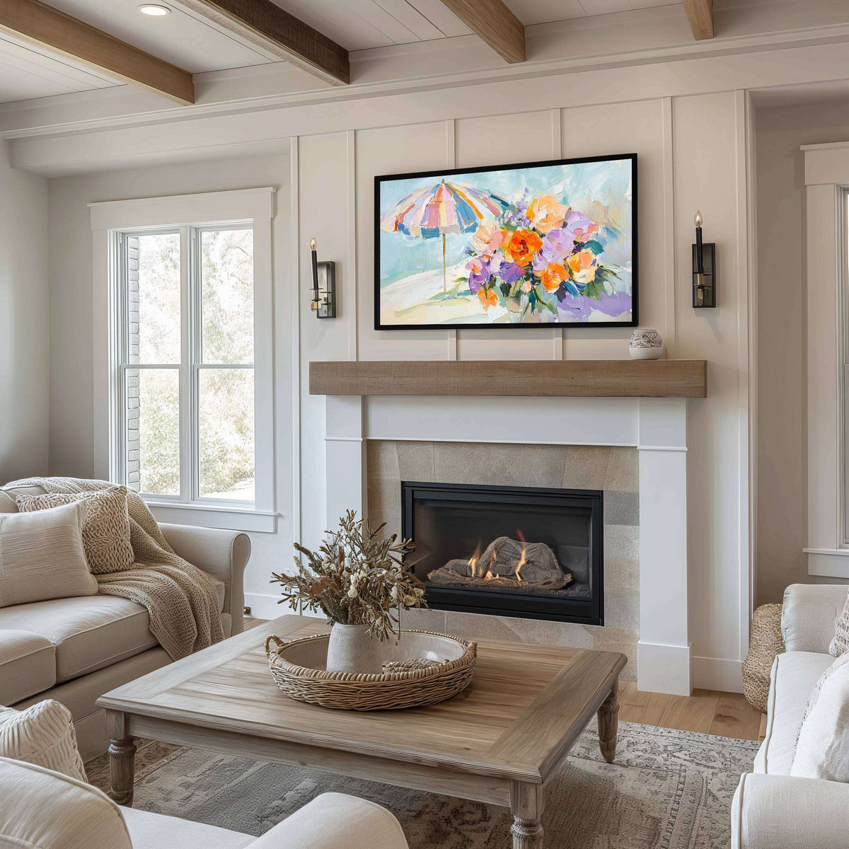 Pastel floral beach art displayed on Samsung Frame TV above fireplace in a cozy farmhouse-style living room