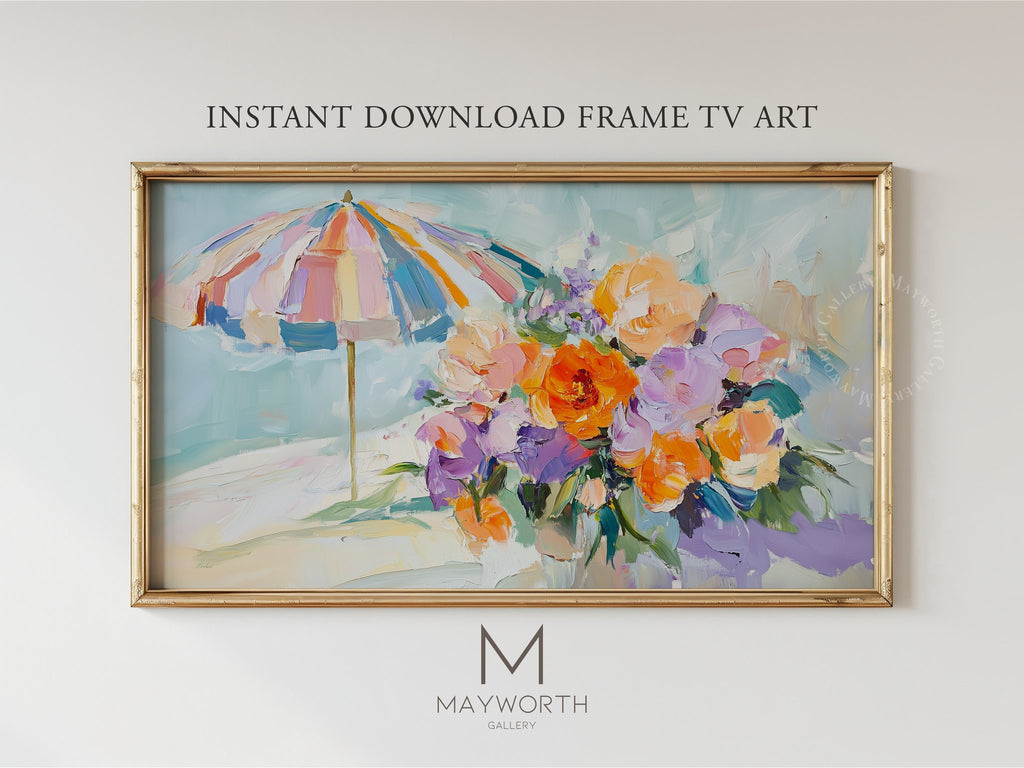 Instant download Pastel Beach Umbrella and Flowers for Samsung Frame TV by Mayworth Gallery