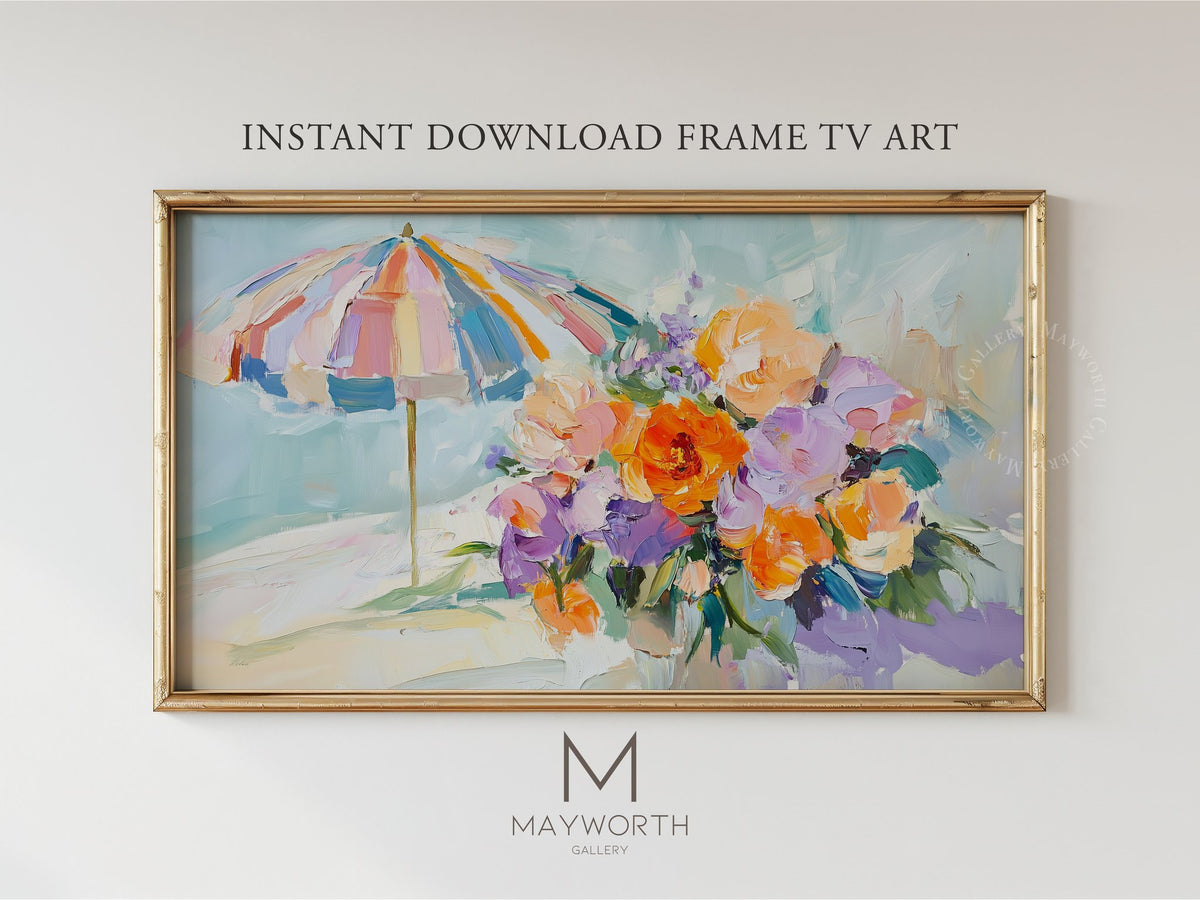 Instant download Pastel Beach Umbrella and Flowers for Samsung Frame TV by Mayworth Gallery