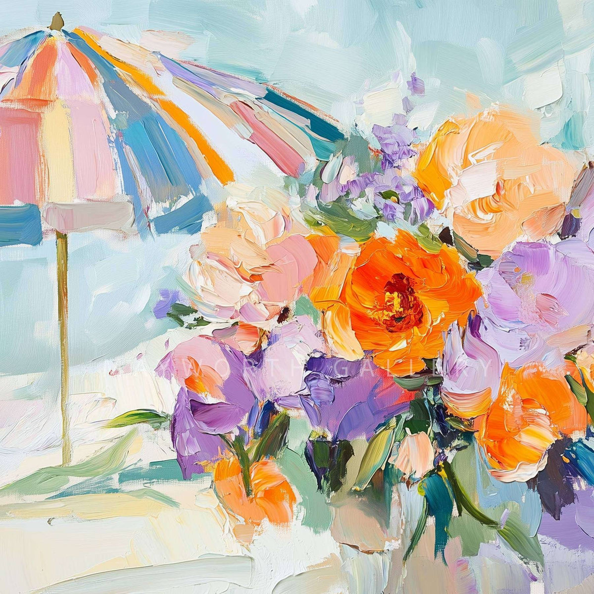 Pastel Beach Umbrella and Flowers digital download — Samsung Frame TV Art Mode display by Mayworth Gallery