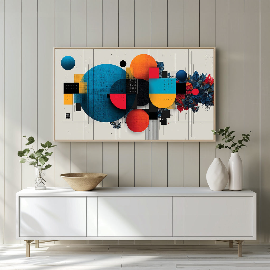 Contemporary abstract art displayed on Samsung Frame TV in a bright white minimal living room
