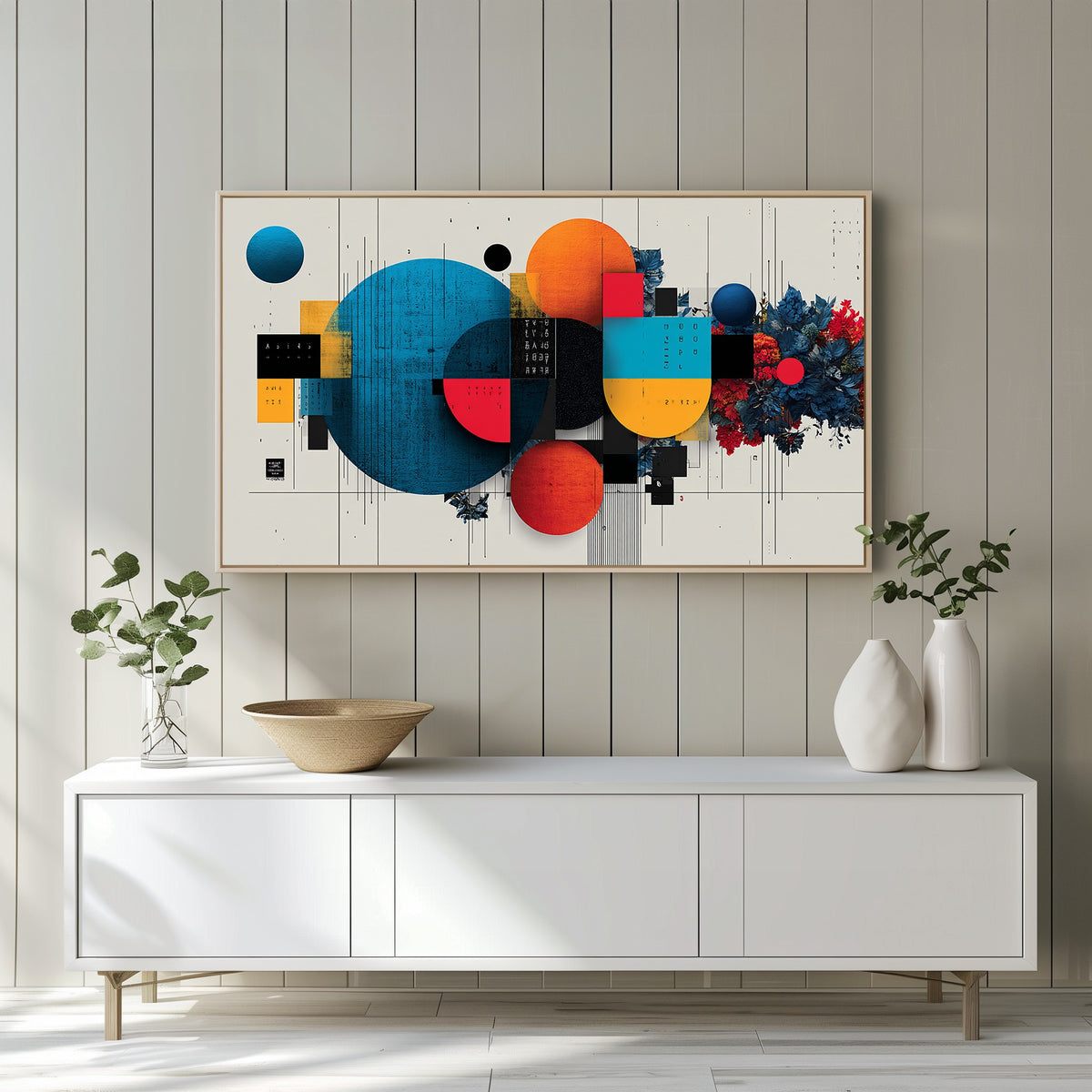 Contemporary abstract art displayed on Samsung Frame TV in a bright white minimal living room
