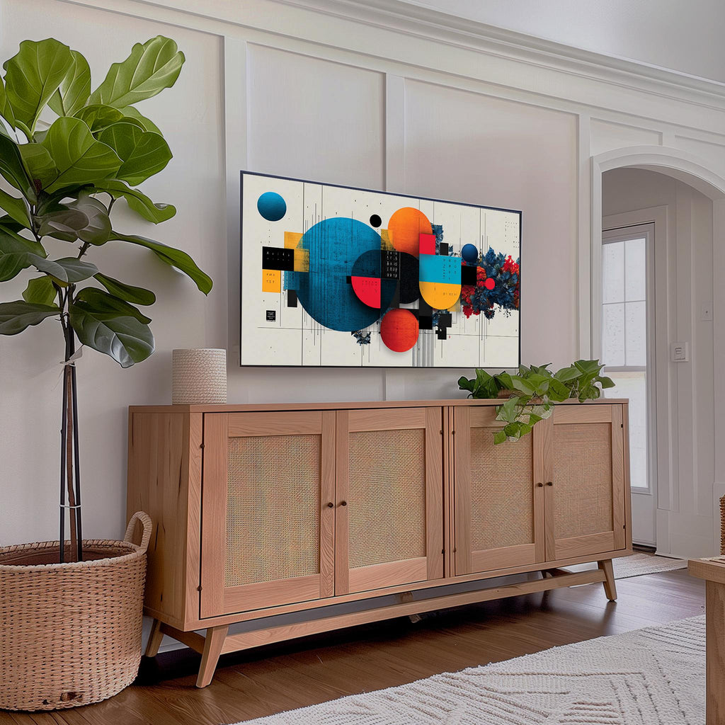 Contemporary abstract Samsung Frame TV art in a warm rattan and coastal-style living room
