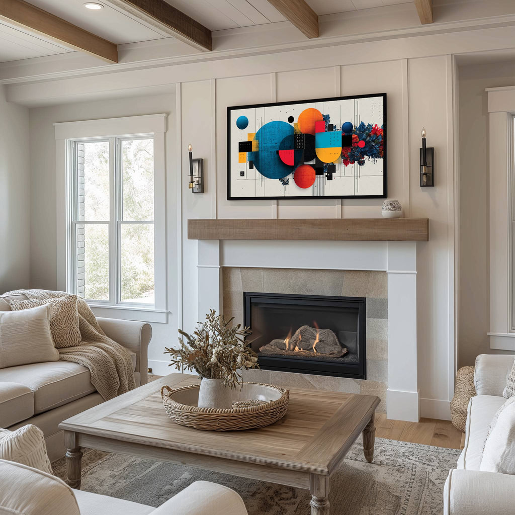 Abstract Frame TV art displayed above fireplace in a cozy farmhouse-style living room