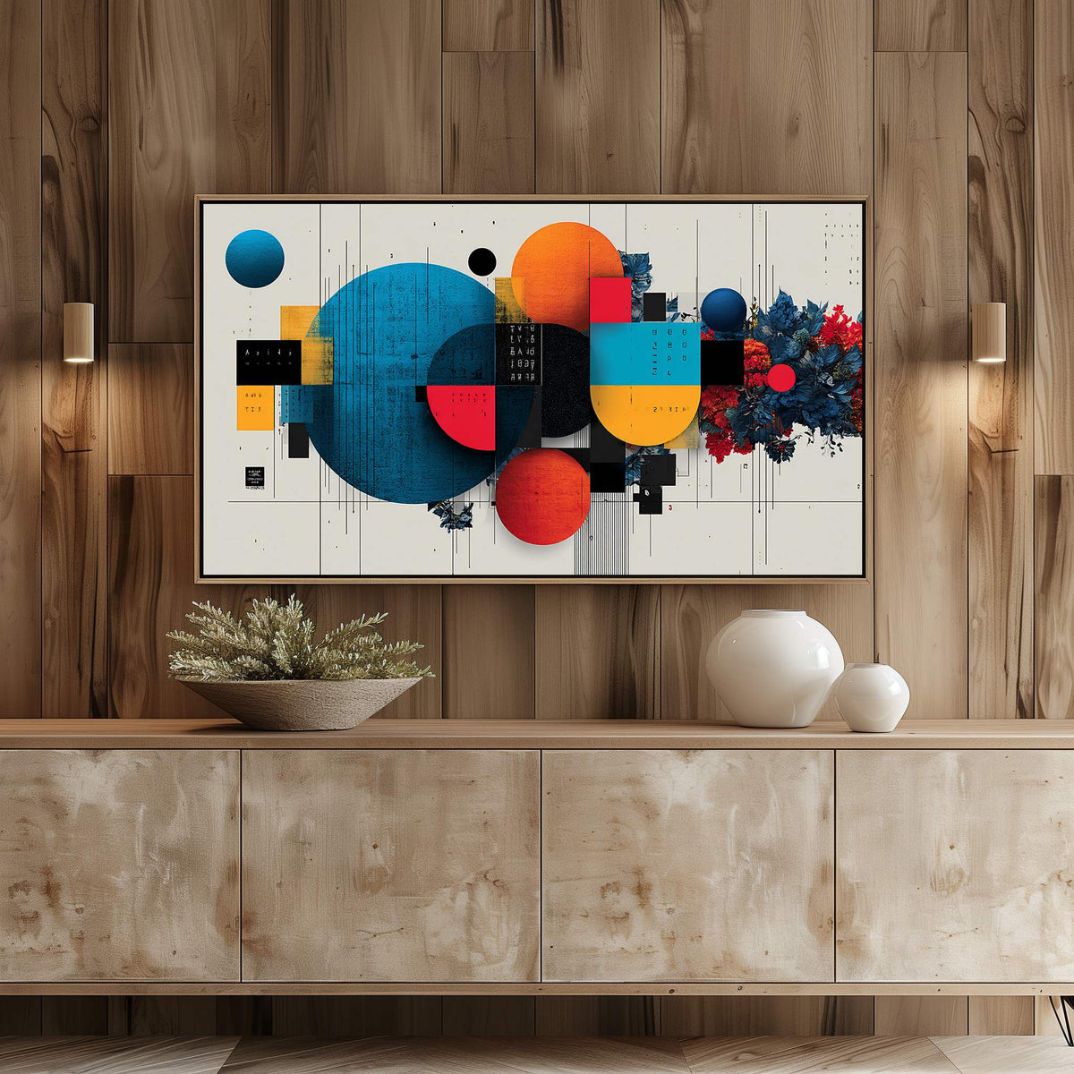 Contemporary abstract art on Samsung Frame TV in a modern light-wood entertainment center