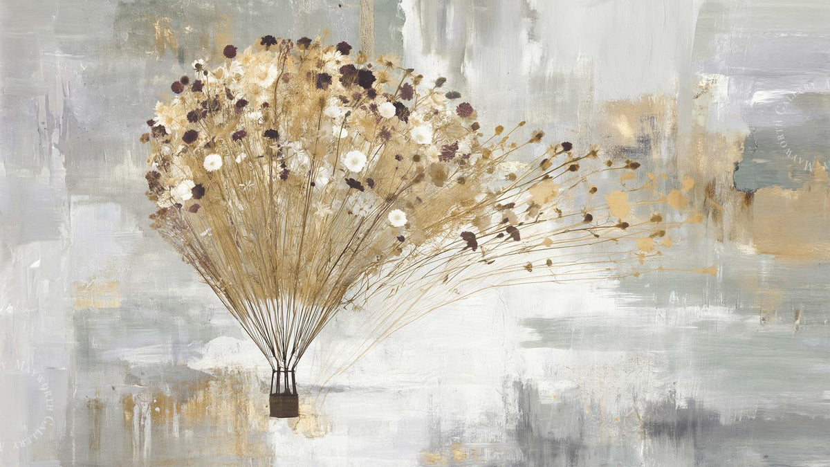 Modern gold and grey hot air balloon digital art for Samsung Frame TV, 4K landscape
