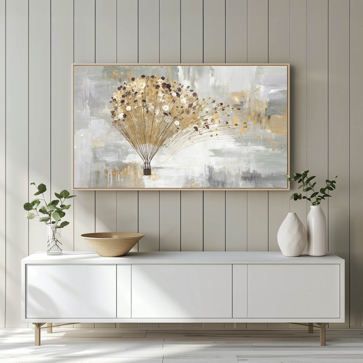 Modern Gold and Grey Hot Air Balloon Samsung Frame TV art displayed above white entertainment center