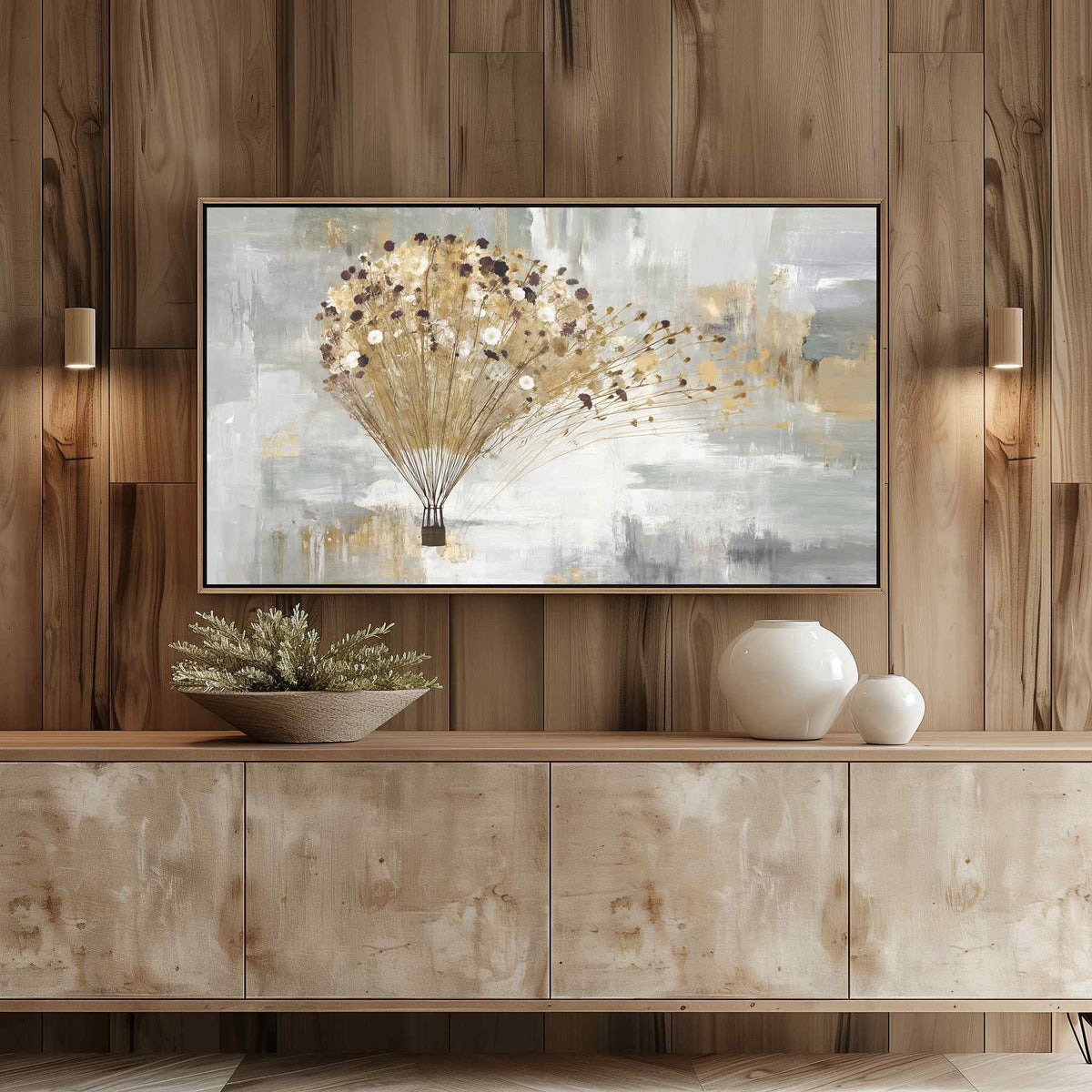Modern Gold and Grey Hot Air Balloon digital art on Samsung Frame TV in light wood entertainment center