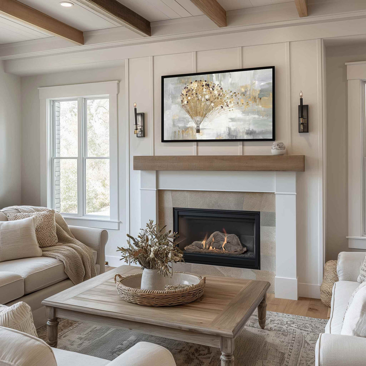 Modern Gold and Grey Hot Air Balloon Frame TV art above fireplace in white living room