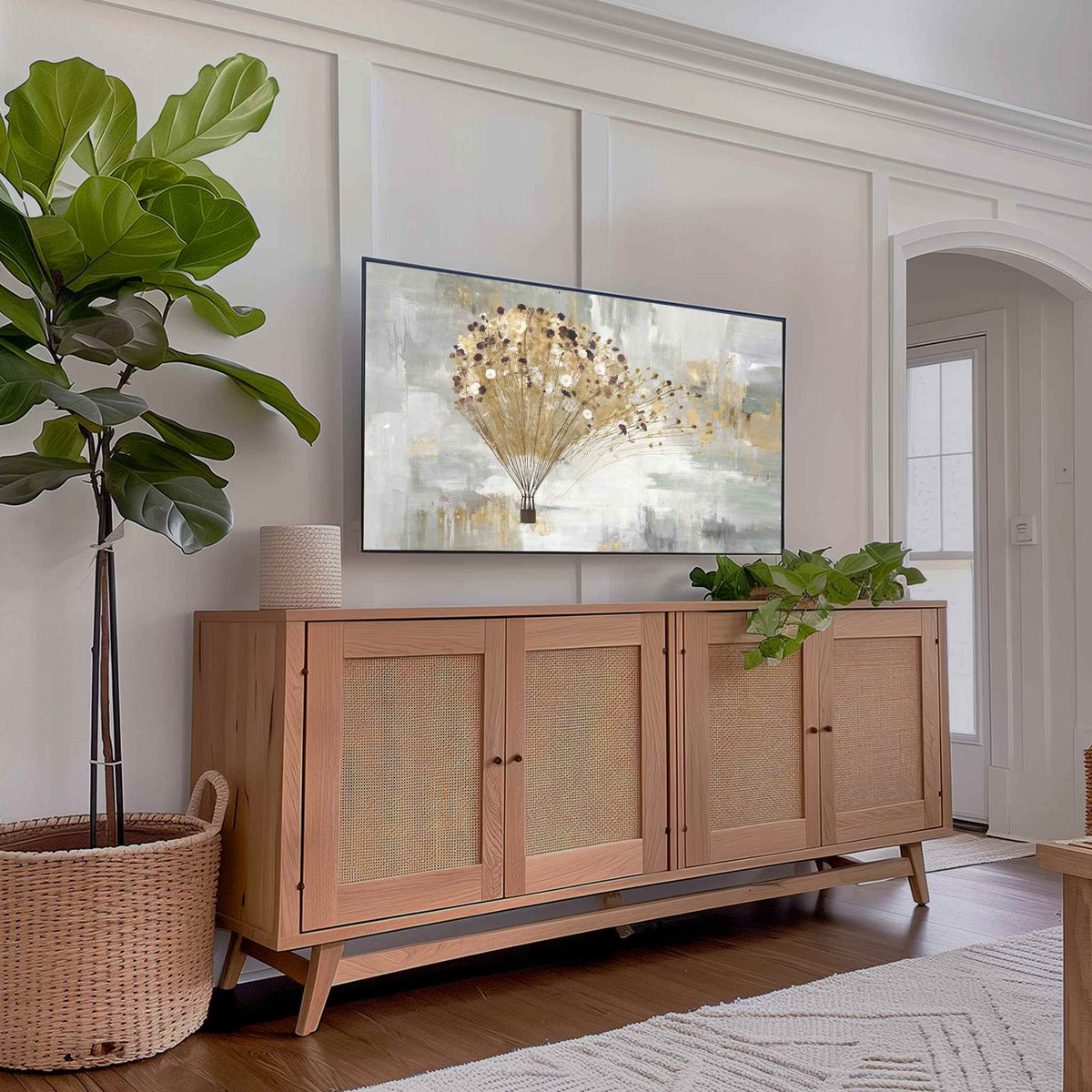 Modern Gold and Grey Hot Air Balloon Samsung Frame TV art in modern living room with plants