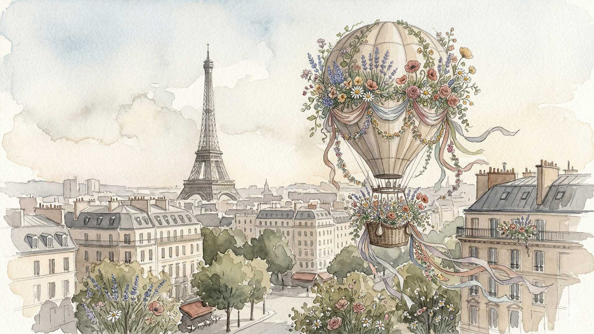 Watercolor illustration of a floral hot-air balloon drifting above the Paris skyline with the Eiffel Tower in view | Samsung Frame TV Art by Mayworth Gallery