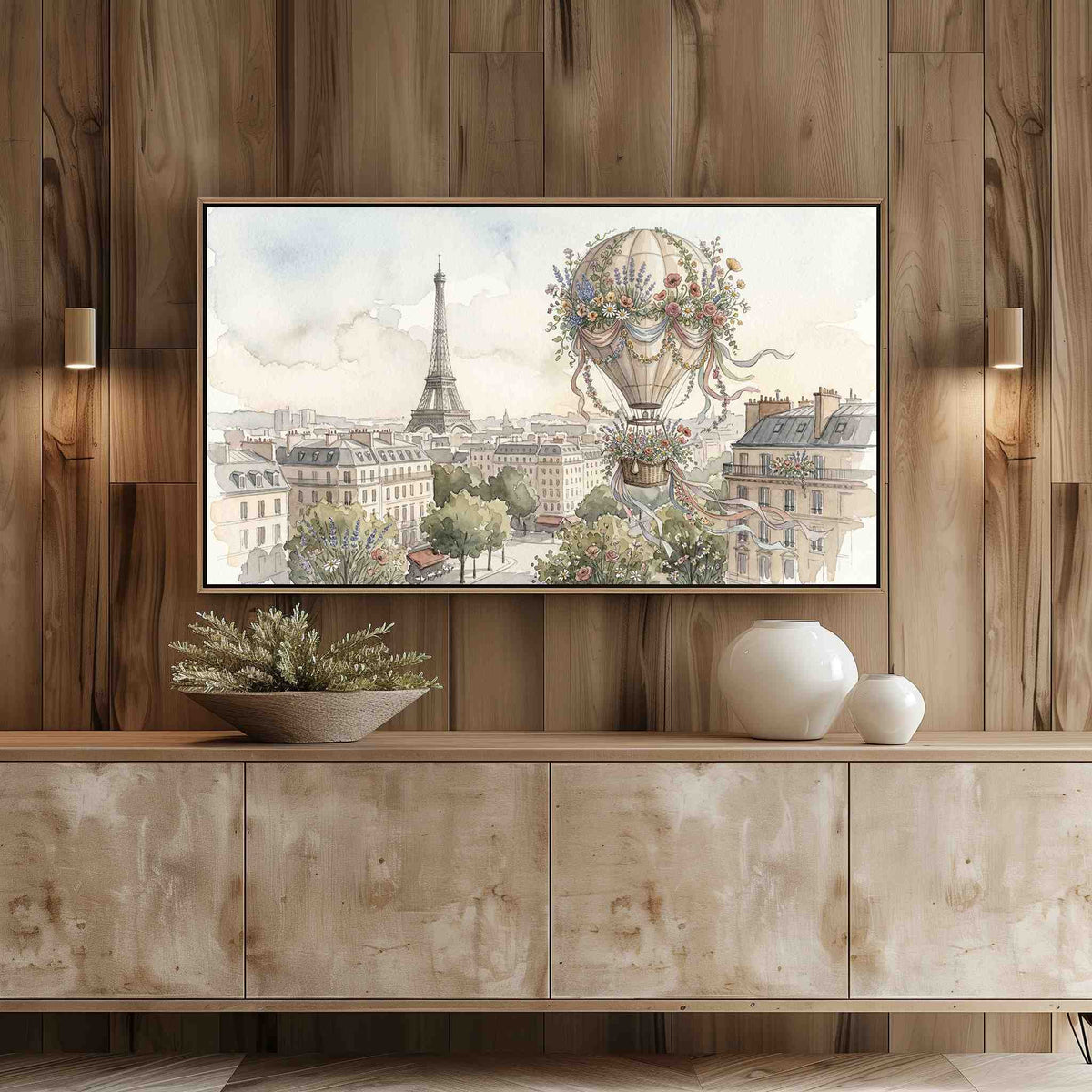 Frame TV showing a whimsical floral hot-air balloon Paris watercolor above a light wood entertainment center