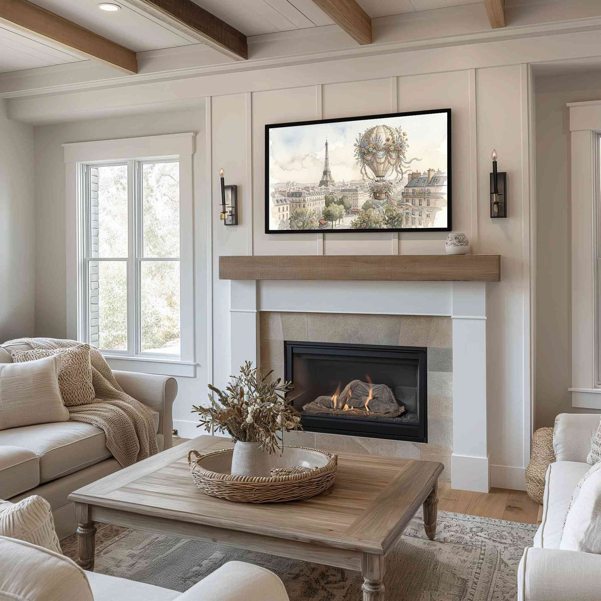 Floral Hot-Air Balloon Whimsical Illustration Frame TV art displayed above a white fireplace in a farmhouse living room