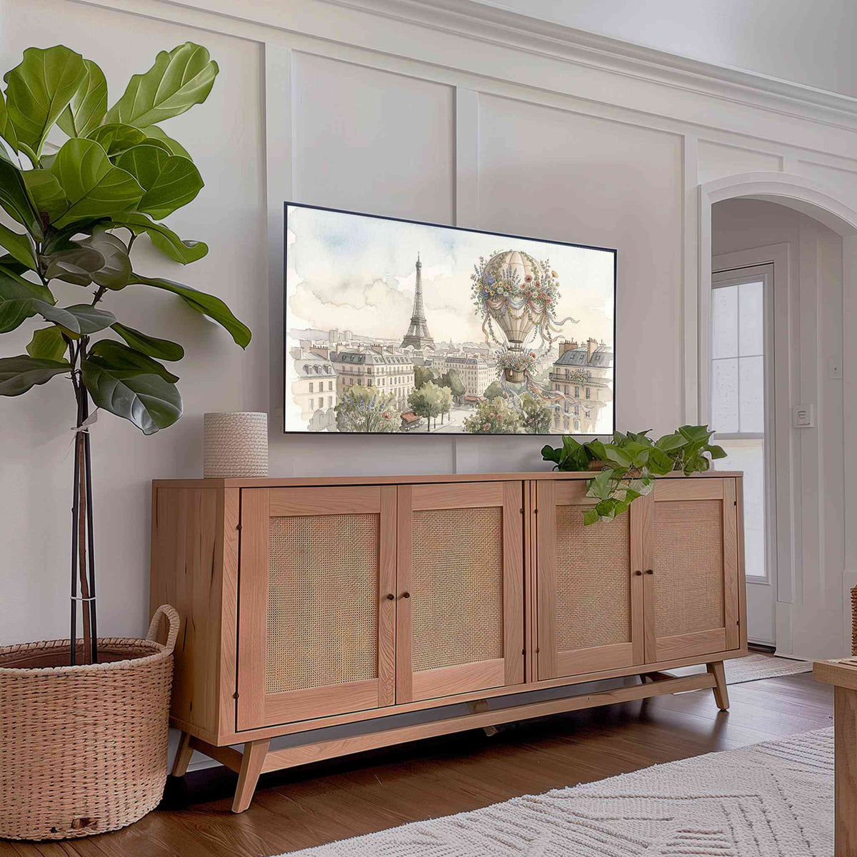 Romantic watercolor Paris balloon Frame TV art in a modern living room with plants and natural light