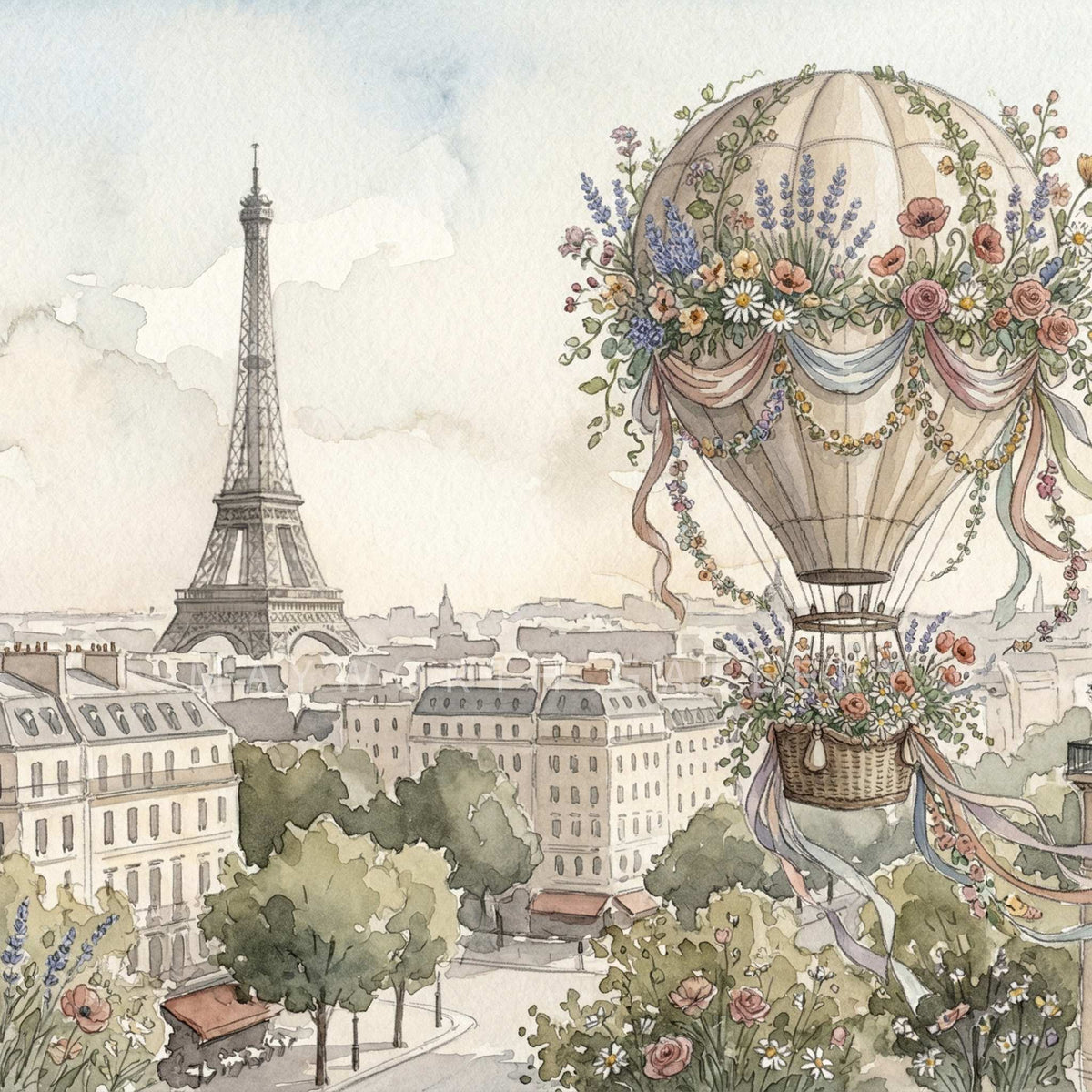 Floral Hot-Air Balloon Whimsical Illustration for Samsung Frame TV — romantic watercolor Paris scene with florals and soft ribbons | Mayworth Gallery